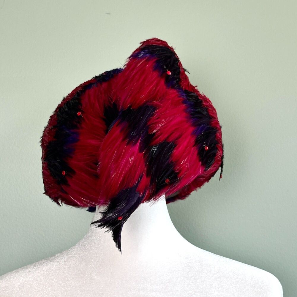 Vintage Jack McConnell Boutique Feathered Hat Wool Red Black Sparkle 50s 60s